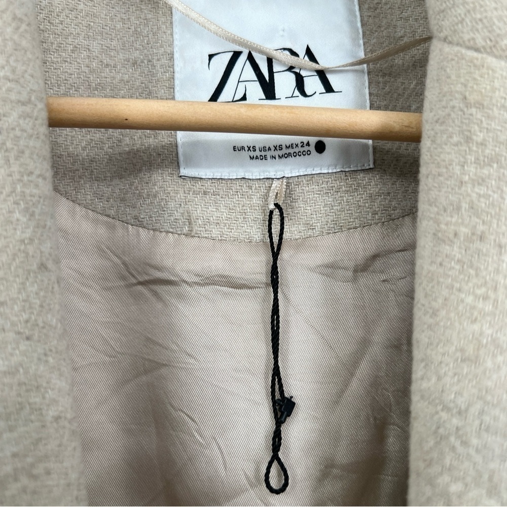 Zara Oatmeal Lapel Coat Zara Pocket Belt size XS Long Mid Length Coat size XS - Picture 5 of 9